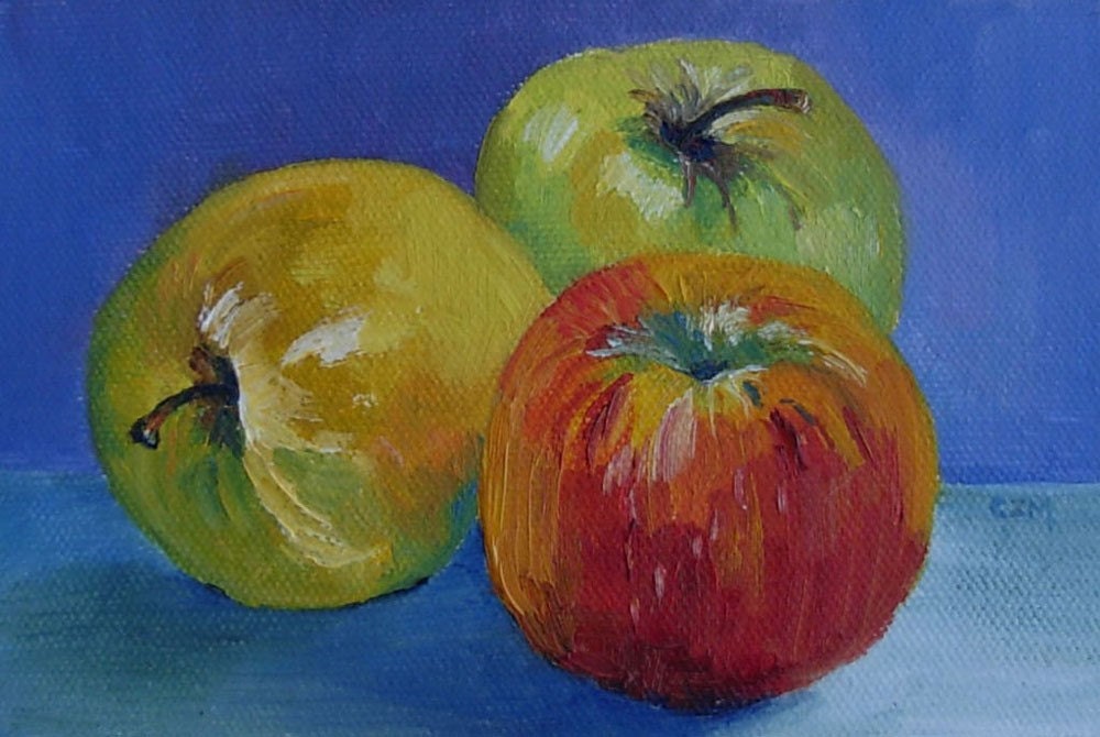 3 Apples - original 4 x 6 inch oil painting unframed
