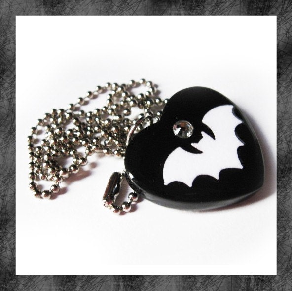Black and White Bat Heart Necklace