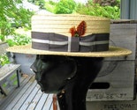 Vintage Straw Boater Hat Ribbon and Feather 7