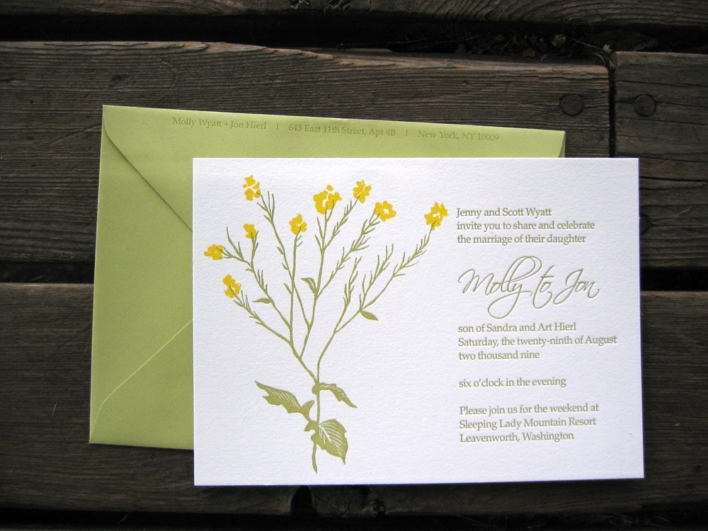 SUMMER SALE- Custom Letterpressed Wedding Invitations-- Wild Mustard Flower