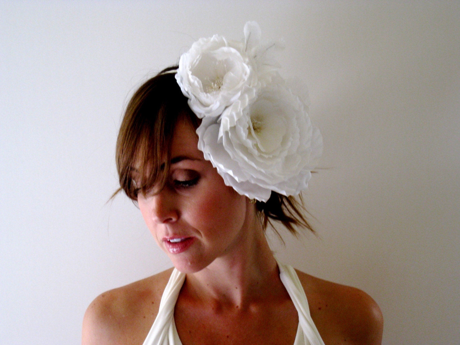 COQUETTE WHITE-bridal, 2 ruffly silk flowers sit atop a super skinny headband wrapped with off white hand dyed ribbon