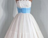 1950's Vintage Angelic Crisp-White Strapless Shelf-Bust Lace and Chiffon Couture Baby-Blue Cummerbund Rockabilly Bombshell Circle-Skirt Wedding Party Prom Cocktail Dress