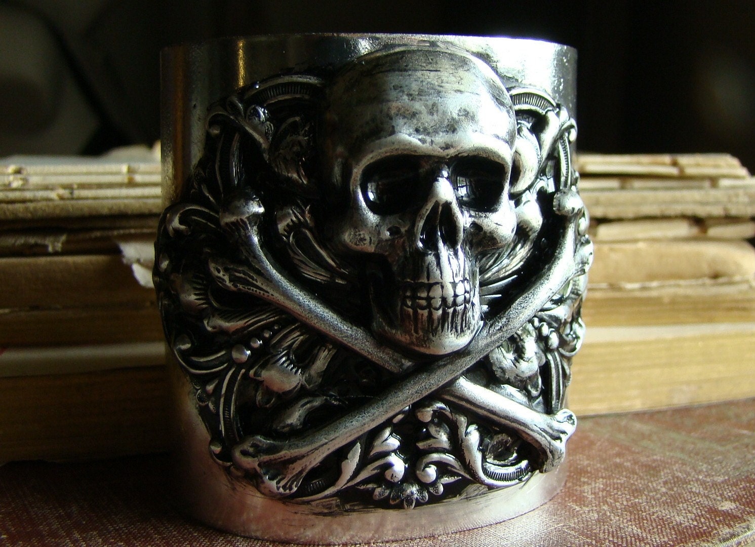 Bones - Sterling Silver Plated Wide Metal Cuff Bracelet