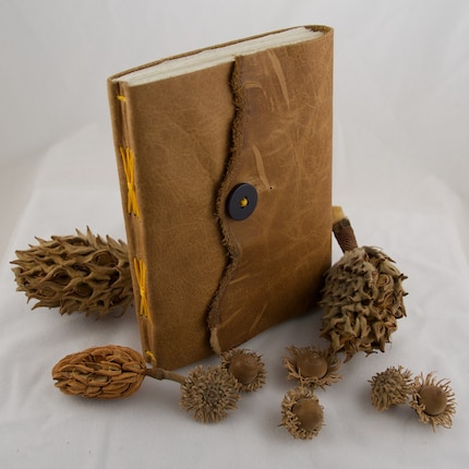Softcover Golden Brown Leather Sketchbook or Journal with Bright Autumn Yellow Thread and Vintage Button - Edition 117