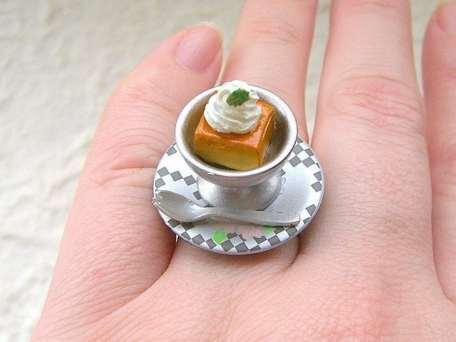 Kawaii Cute Japanese Ring - Custard Pudding With Whip Cream