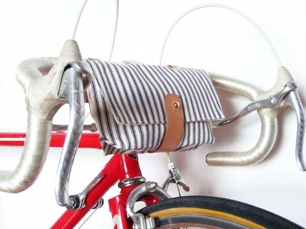 Handlebar Bag in Blue and White Striped Ticking