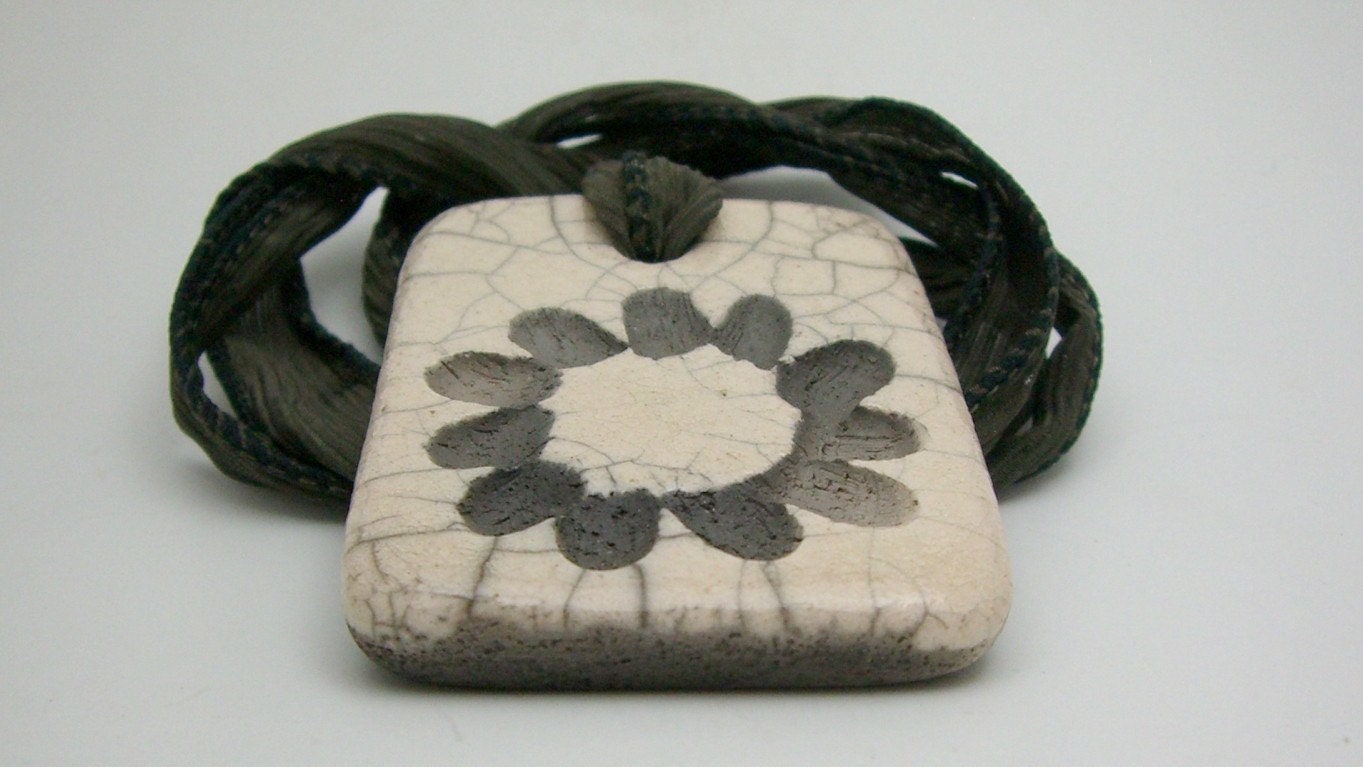 Black Petals Raku Pendant or Focal Bead...Raku Jewelry by MAKUstudio