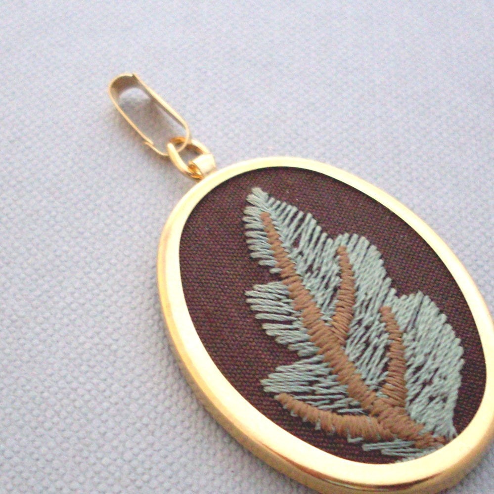 Embroidered Leaf Silk Pendant --- Gold, Brown, Green
