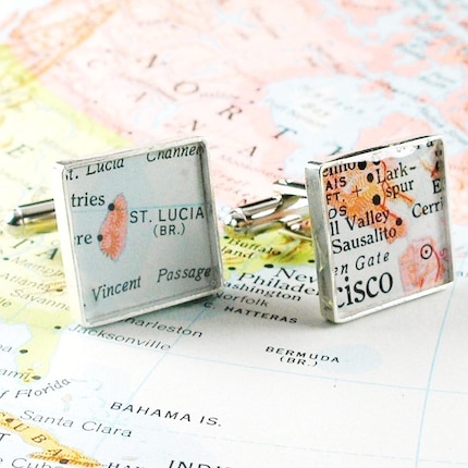 Vintage Map Sterling Silver Square Cufflinks. You Select the Journey.