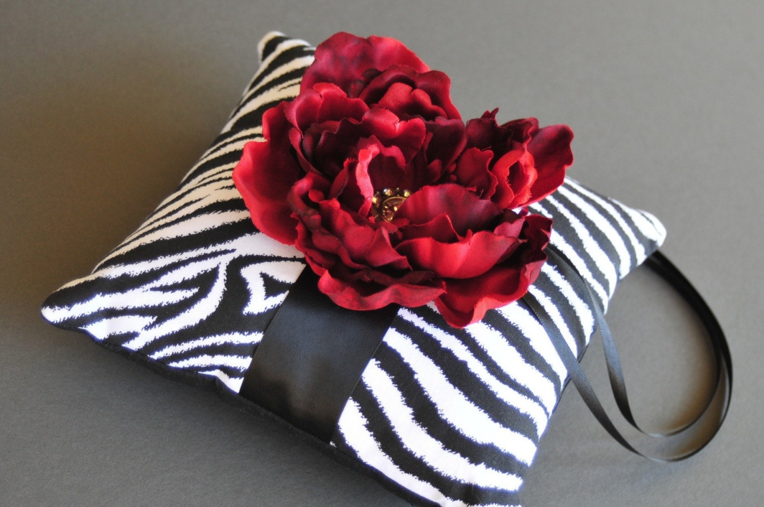Ring Pillow in Zebra Print with Garnet Red Jeweled Flower