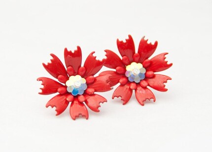 RICH RED vintage metal flower earrings