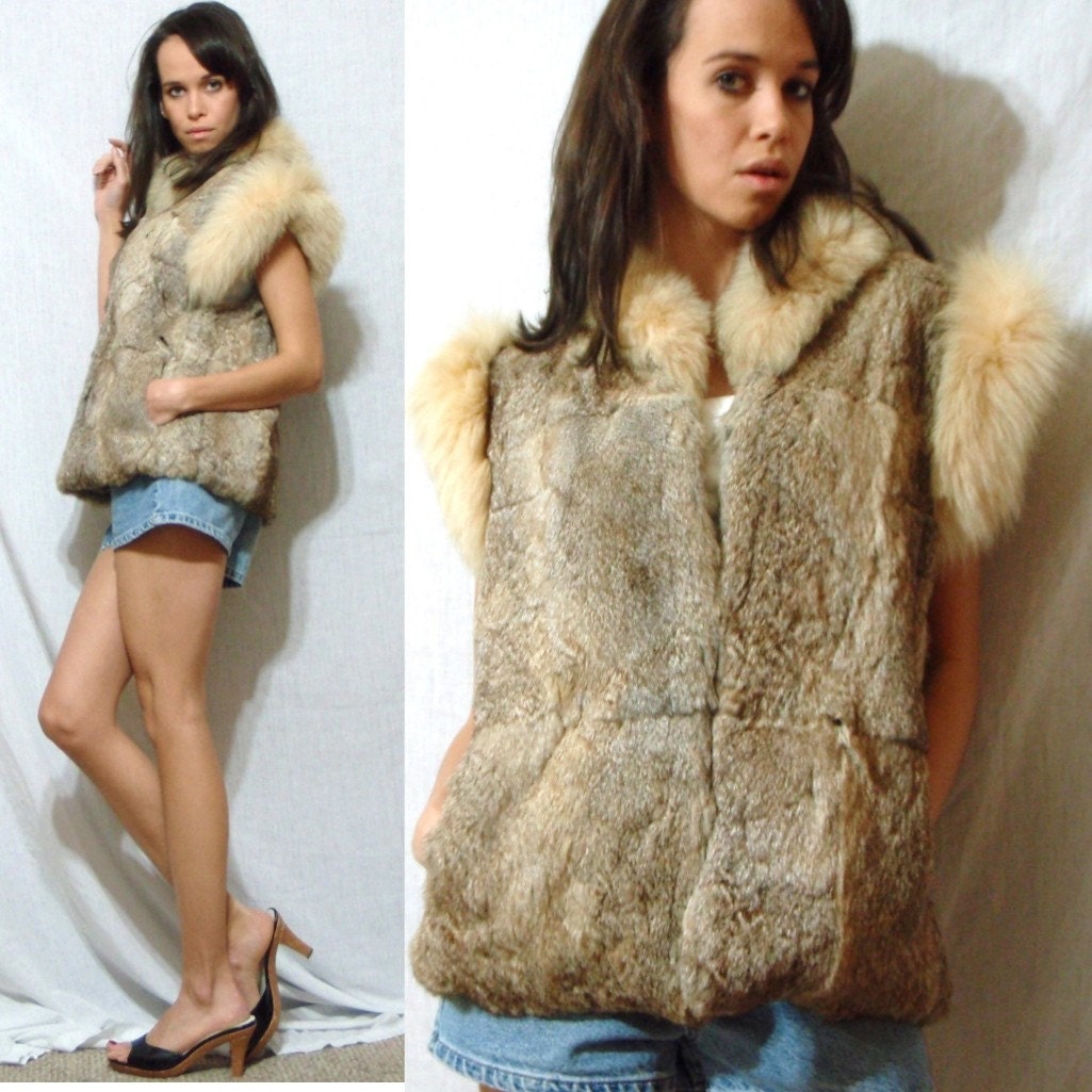 Vintage RABBIT fur brown white multi color bohemian vest jacket retro M L