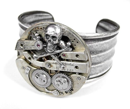 Steampunk  Cuff - INDUSTRIAL Vintage SKULL Pocket Watch Mens or Womens Adjustable Cuff Bracelet - INCREDIBLE UNISEX - THIS PIECE IS A HOTTIE - FEATURED IN FRENCH FASHION MAGAZINE and SIGNATURE Style BOLD Design - Exclusive Offering by edmdesigns