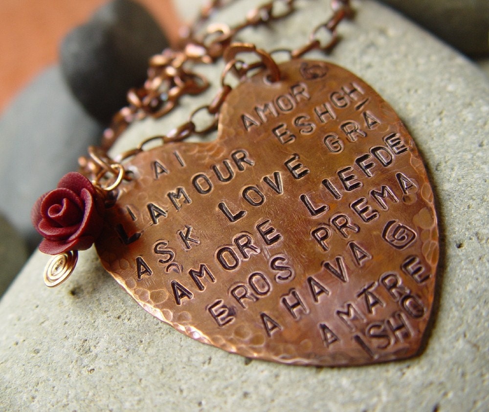 LOVE in 15 languages antiqued copper heart necklace Latin Greek Arabic Persian Sanskrit Chinese Hebrew Turkish French Spanish Portugese Italian Dutch Irish English