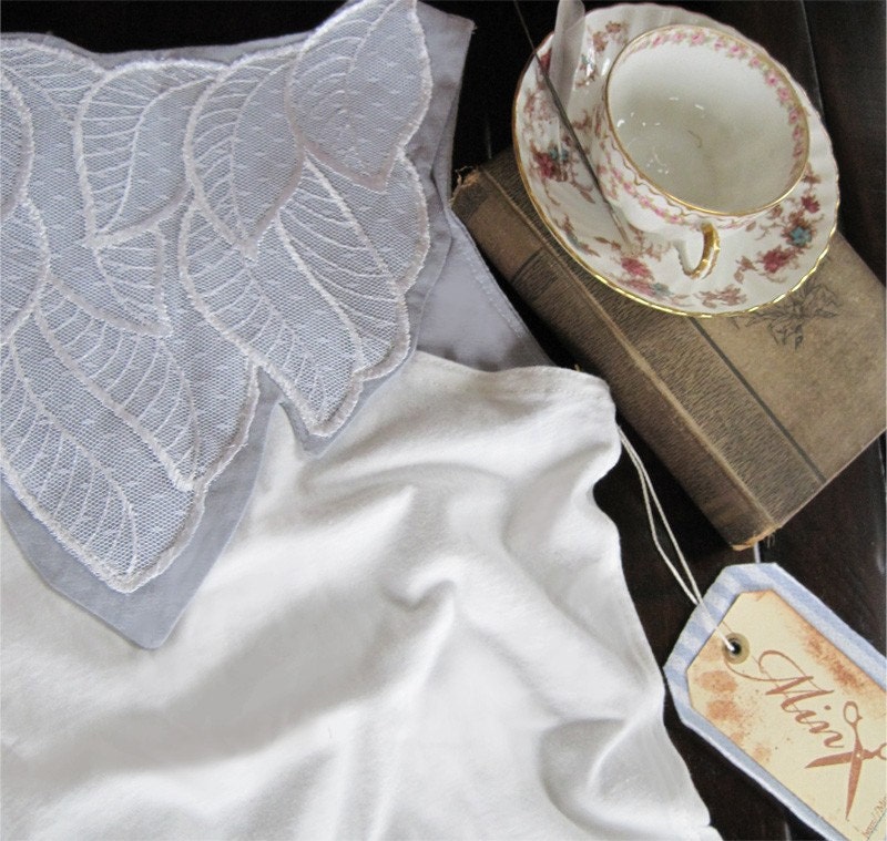 An idle afternoon - white grey shirt, pleats, leaf applique, Small