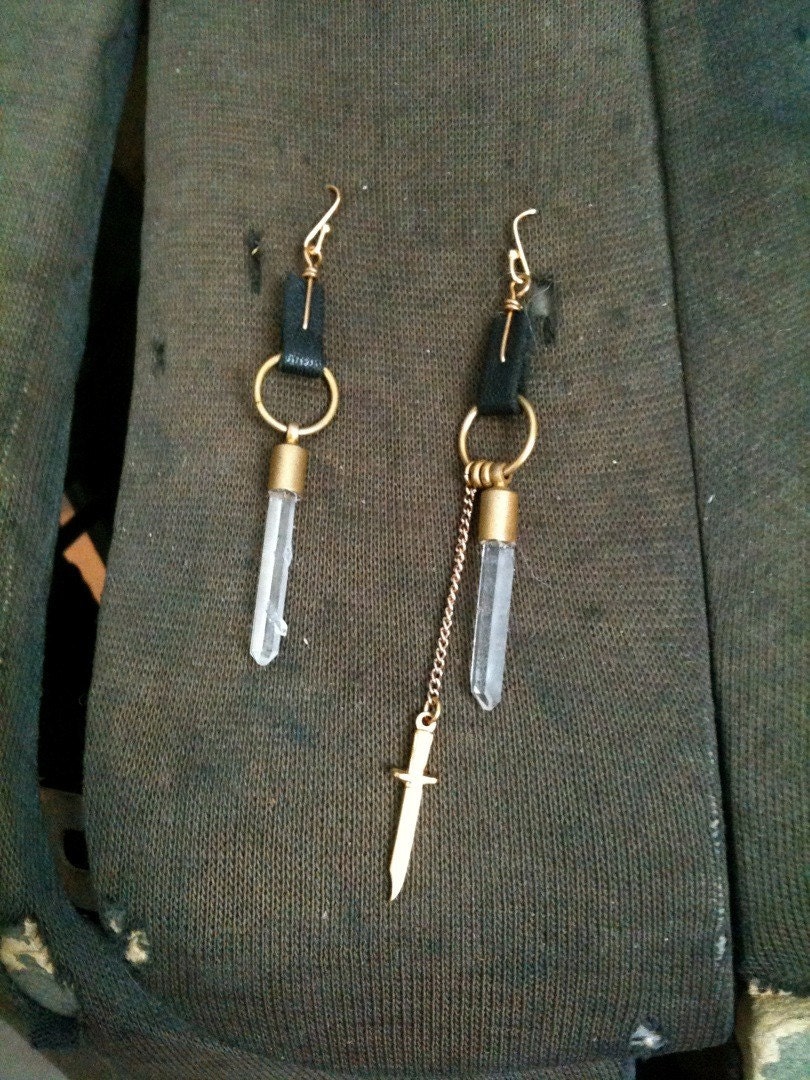 Asymmetrical Crystal and Dagger Earrings