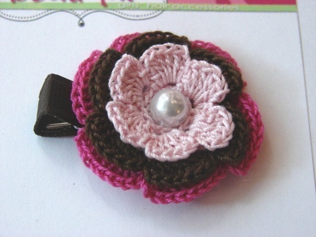 SALE SALE -Pink and Brown Crochet Flower Clip