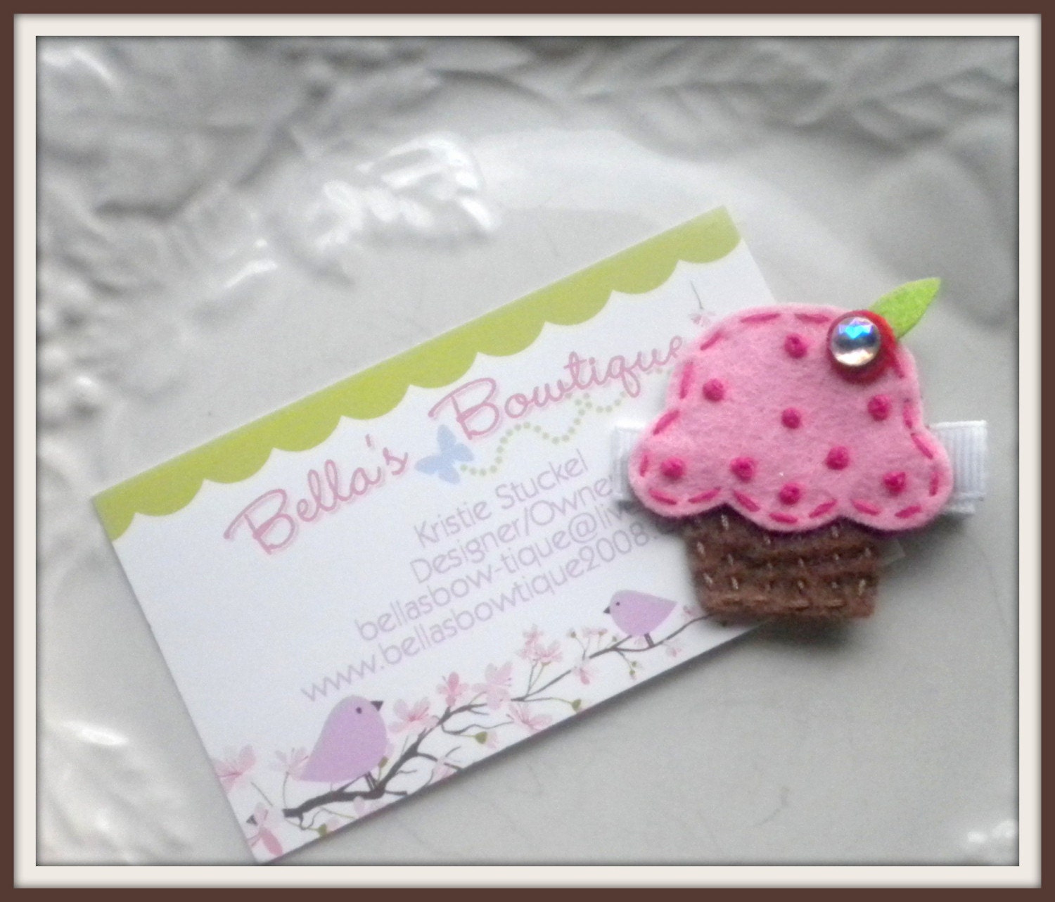 YUMMY CUPCAKE Felt Hair Clip CLIPPIE with BLING CHERRY on Top - No Slip Grip
