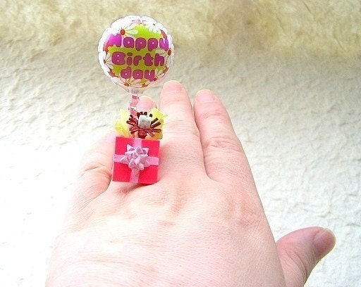 Kawaii  Japanese Ring-Present With Happy Birthday Balloon