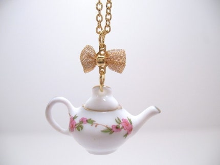 Rambling  Rose Porcelain Teapot Necklace