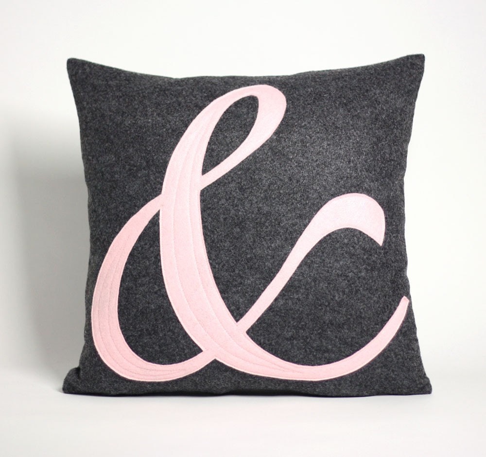 AMPERSAND script font 16x16 inch recycled felt applique pillow - charcoal and baby pink