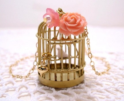 Golden Birdcage With White Bird Necklace