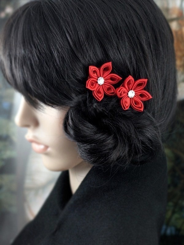 Ruby Red - Kanzashi Flower Bobby Pins