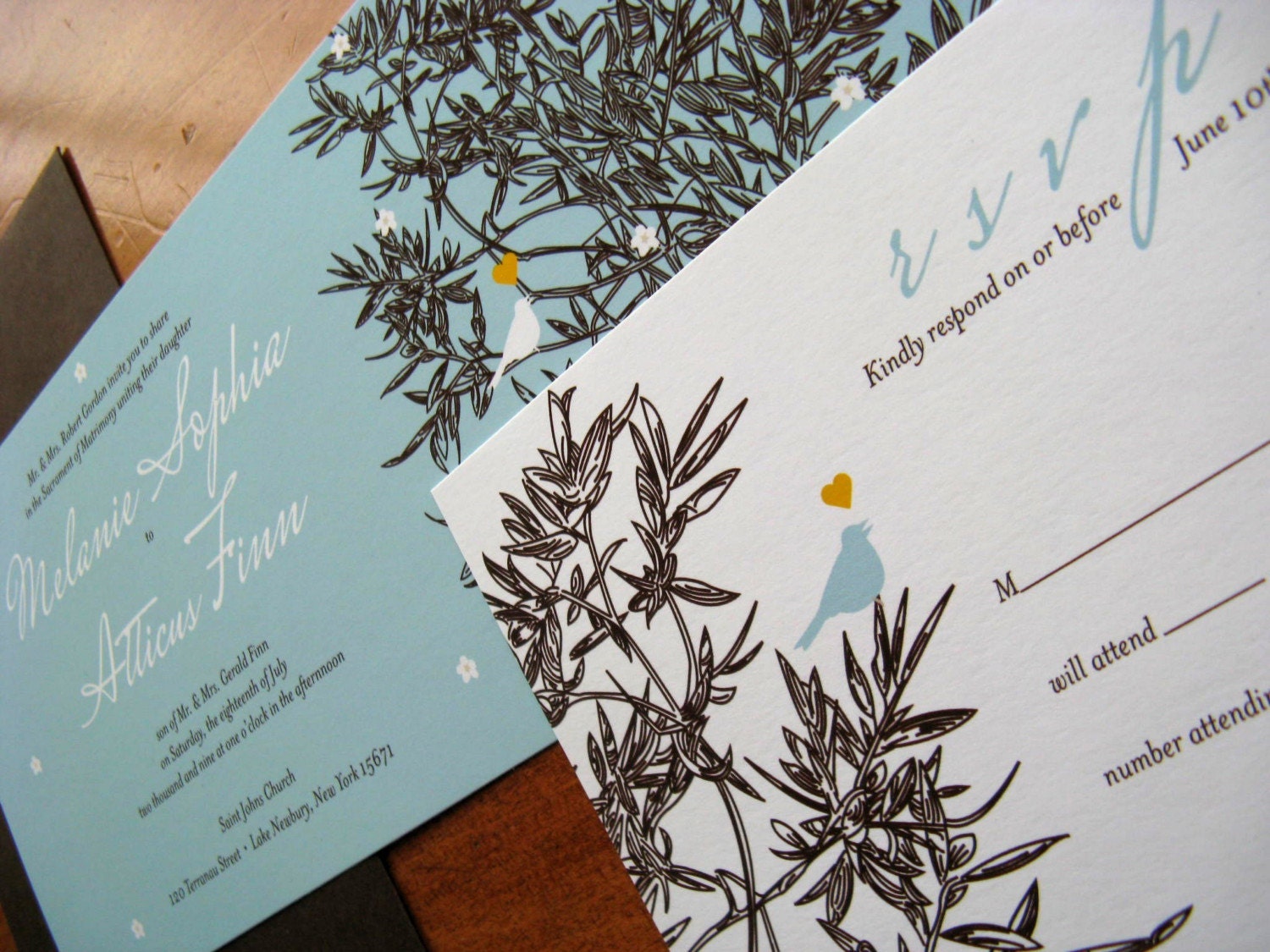 Love Birds in a Tree Tea length Invitation Set - Turquoise and Brown