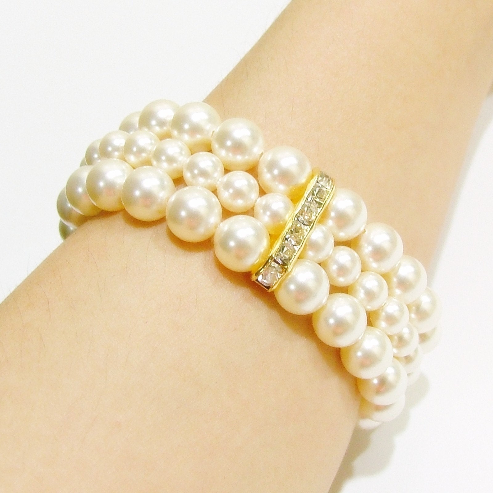 Elegant Pearl Bracelet - 3 Strands and Spacers