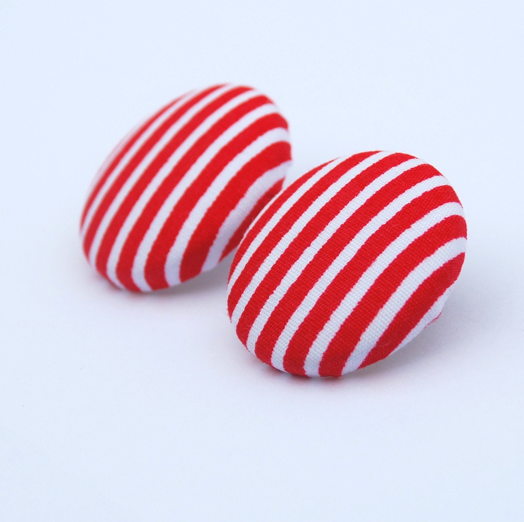 Red and White Stripe - One pair of extra large fabric button earrings