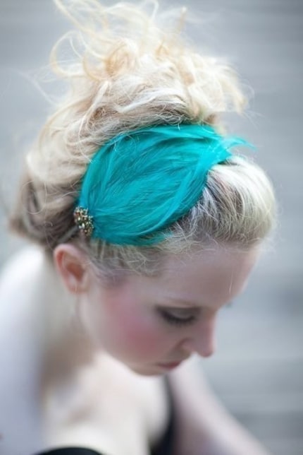 ISADORA - Handmade Aqua Green Feather Headband, Hairpiece, with Vintage Jewelry Accent - One of a Kind