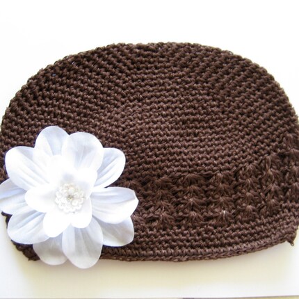 Beautiful Brown beanie Hat with White Sequin Flower -  Babies and Infants