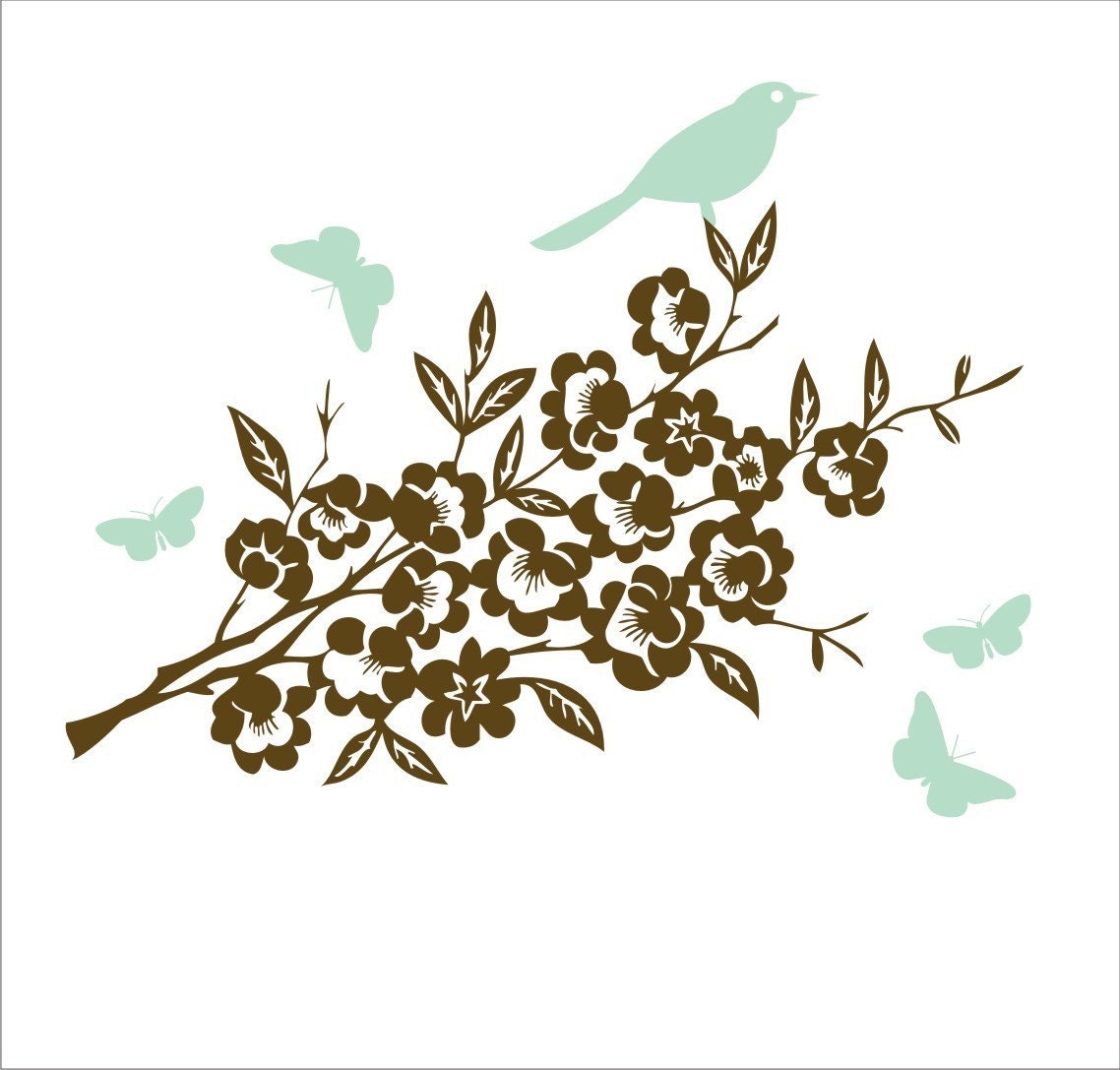 Leaf Branch with Bird and Butterflies wall decal