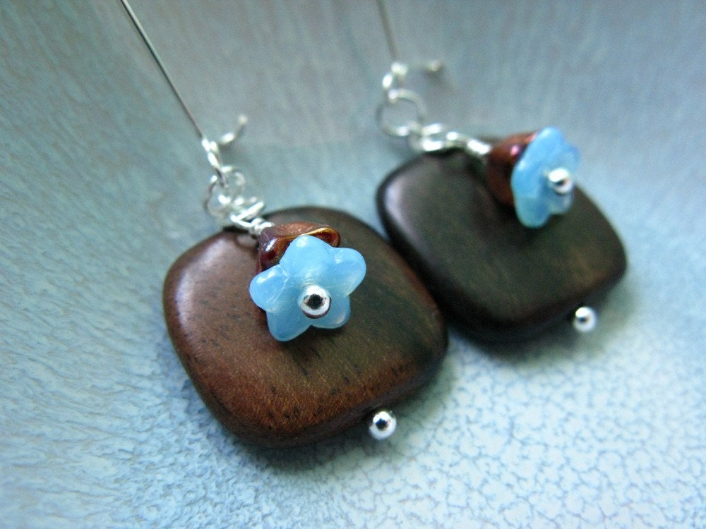 Tiger Ebony Wood and Baby Blue Glass Flower earrings