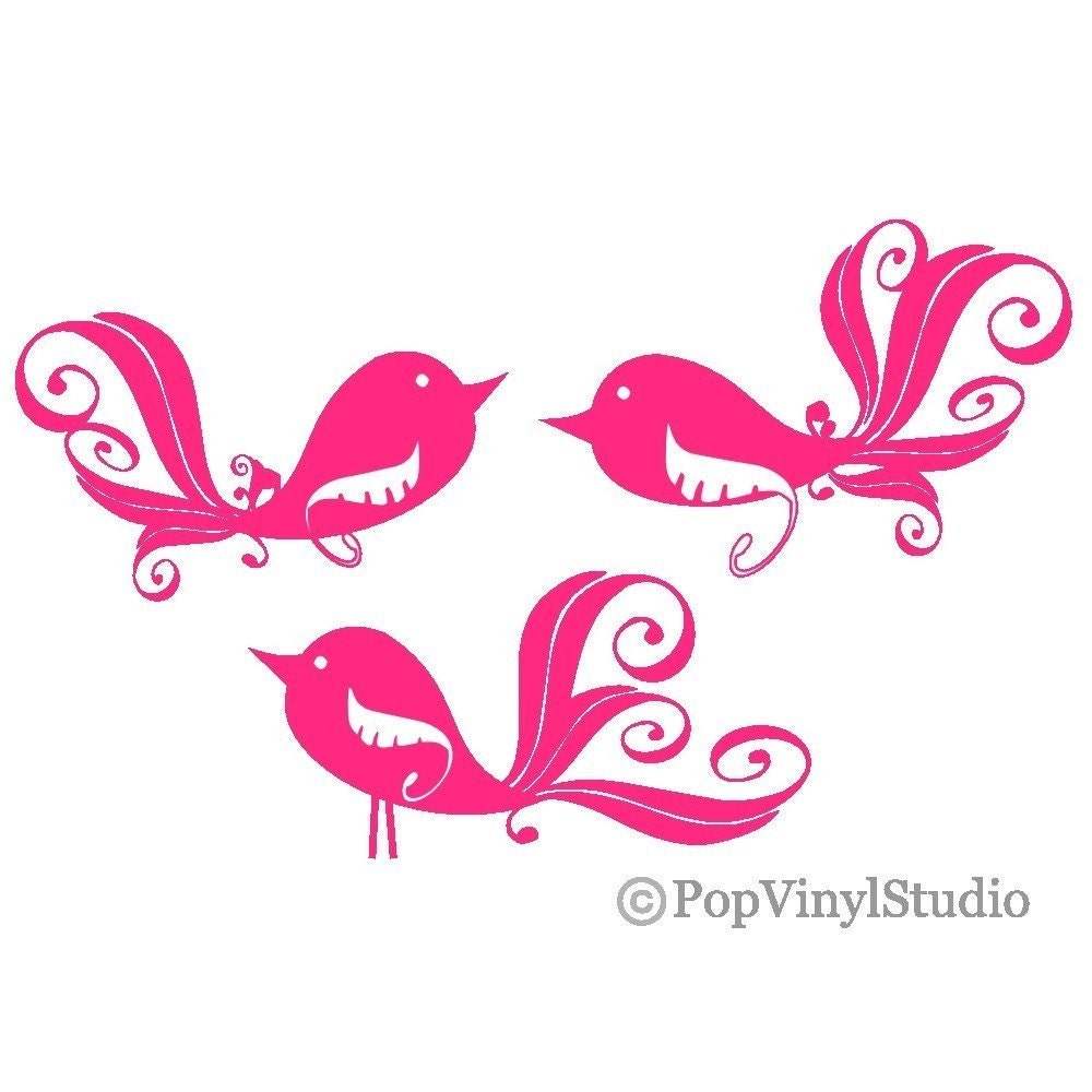 3 Swirly Birdie Birds Set Vinyl Wall Decals Surface Graphics Design You Choose One Color Per Set FREE US SHIPPING