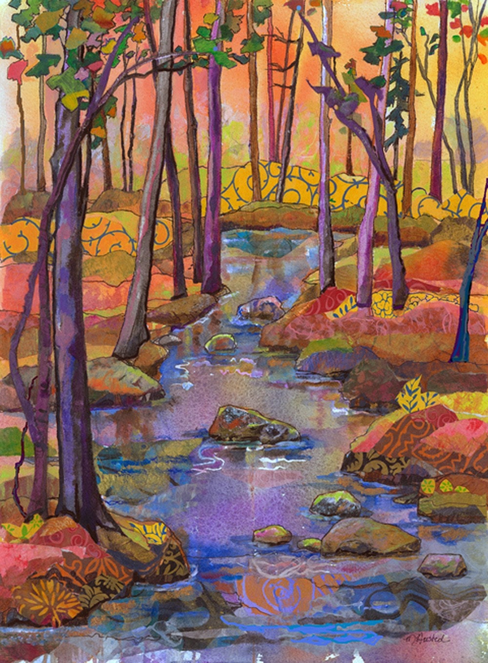 Fall River Watercolor Mixed Media by Marty Husted