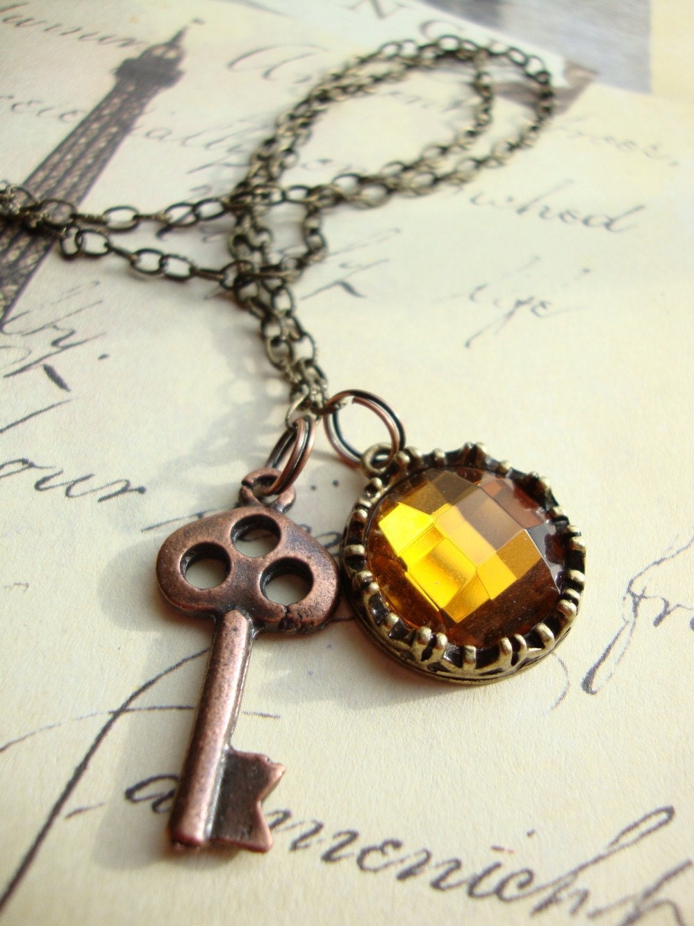 Copper Key and Amber Gem Vintage Inspired Necklace