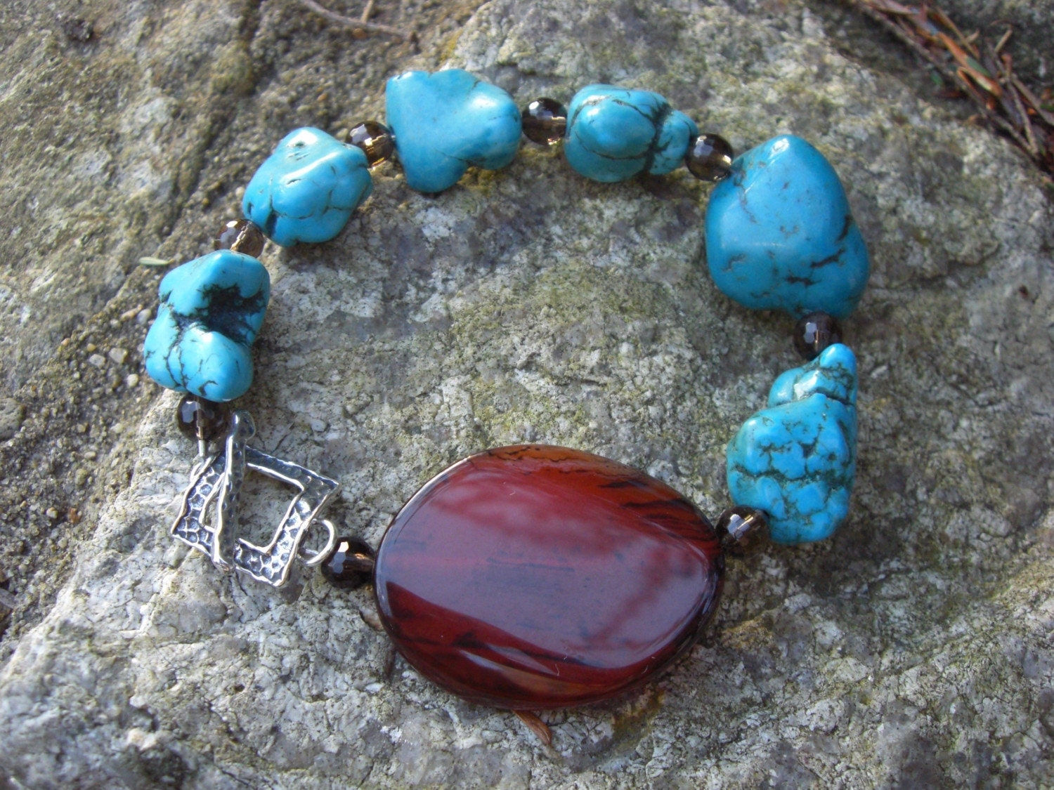 BLUE COVE BRACELET, TURQUOISE NUGGETS, SMOKEY QUARTZ, BOLD CARNELIAN STONE WITH HAMMERED SILVER TOGGLE