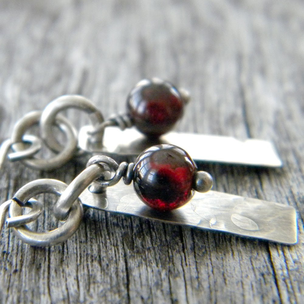 Rustic Antiqued Sterling Silver Rectangle and Dark Red Garnet Earrings