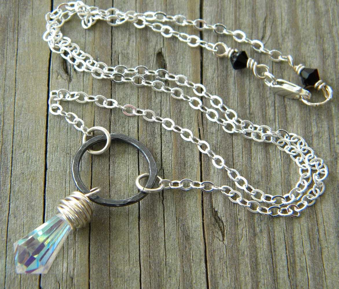 SALE - Black Oxidized Hammered Sterling Silver Ring - Crystal Aurora Borealis Chandelier Cut Glass Teardrop Necklace