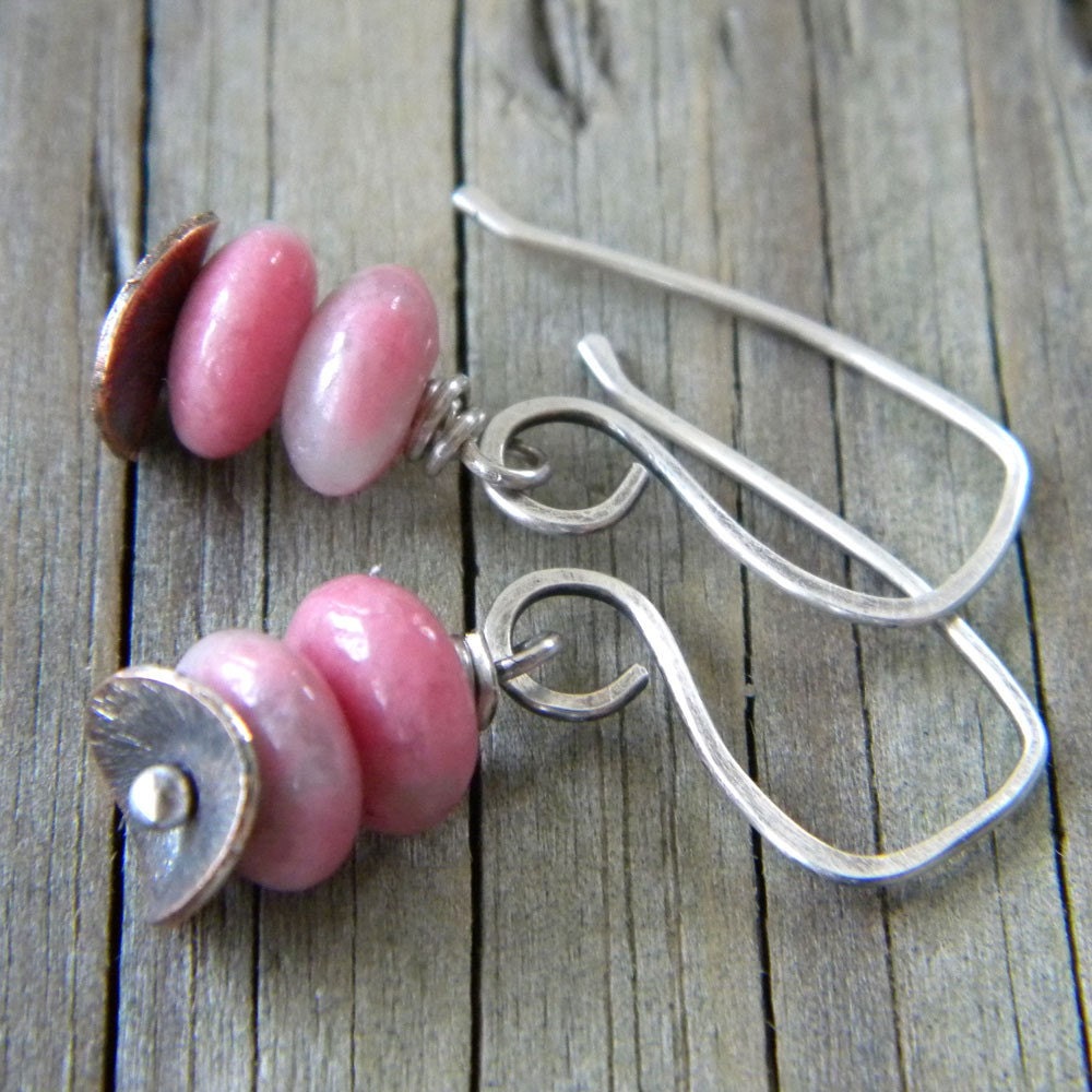 Natural Pink  Rhodonite Marbled Quartz - Oxidized Sterling Silver Earrings