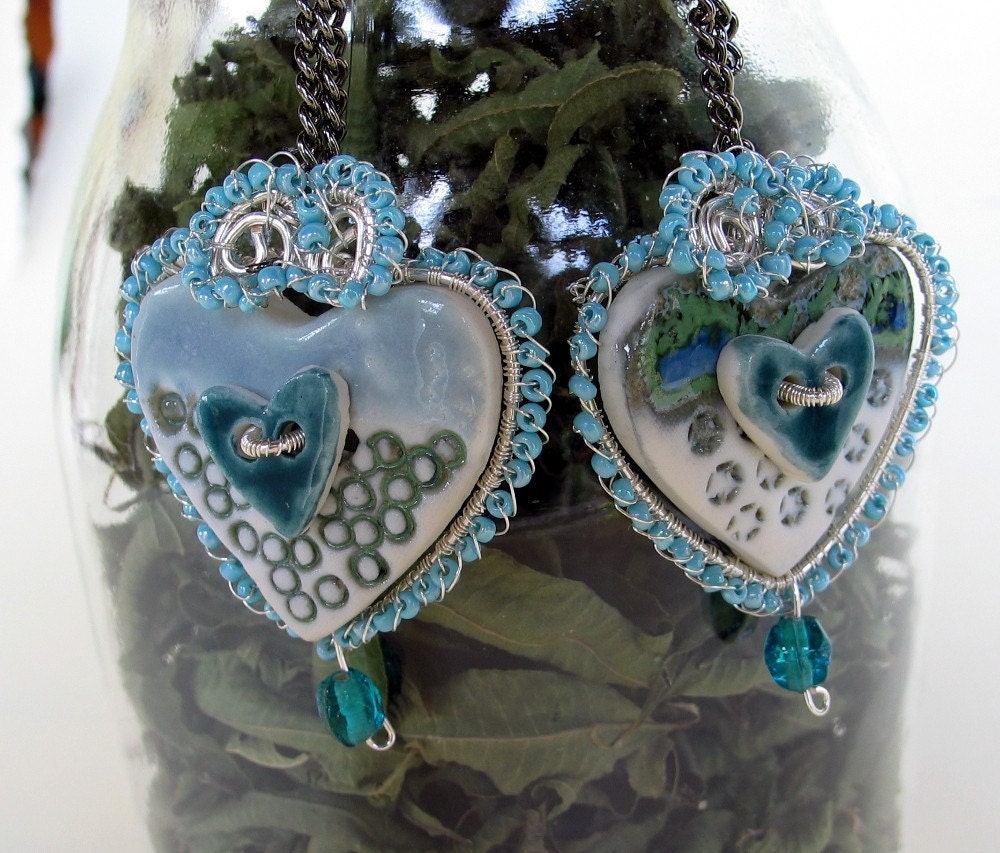 Porcelain Buttons Earrings wrapped with sterling silver wire-Aquatic heart