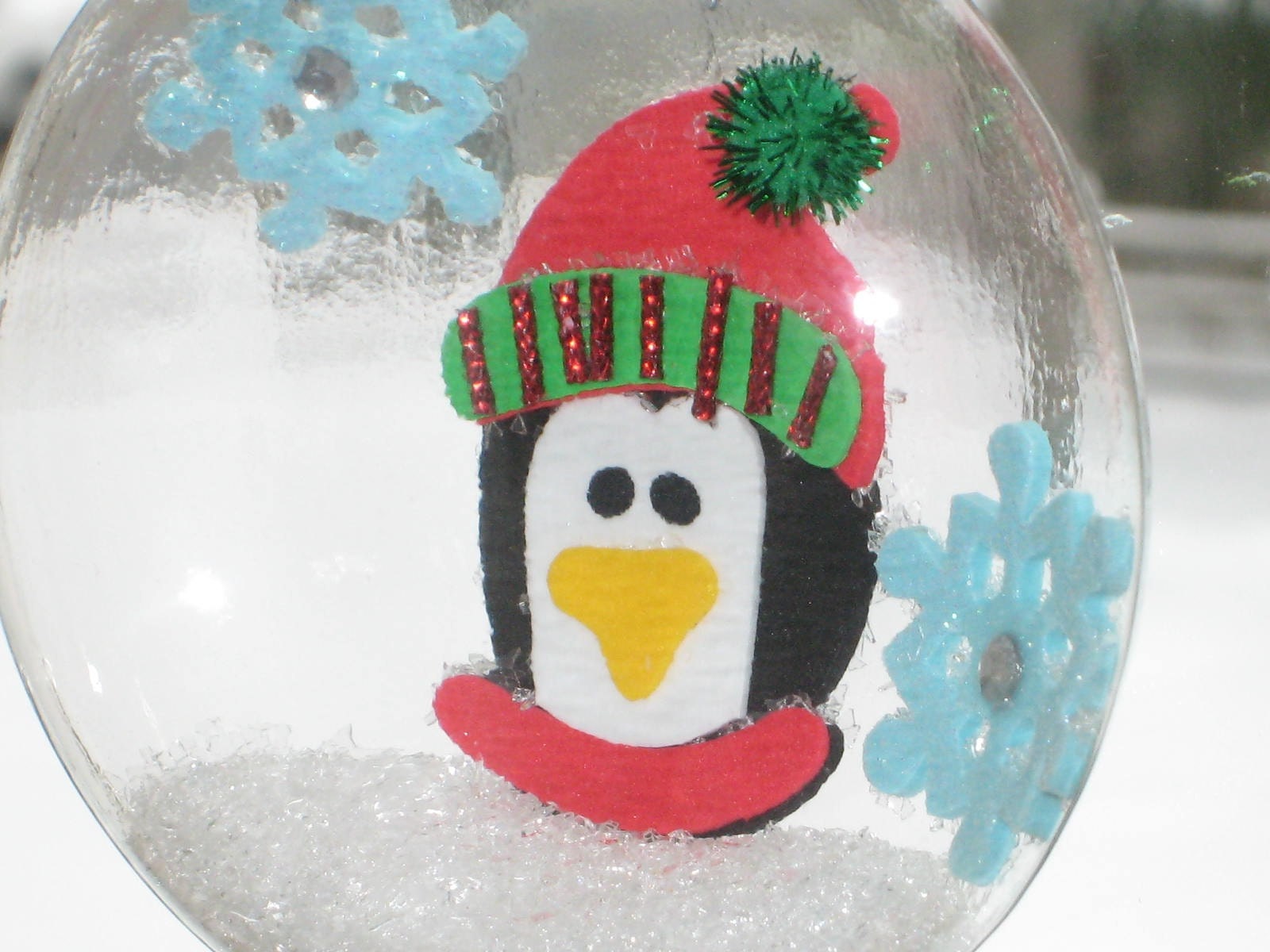 Squashed Snow Globe Glass Tree Ornament - Penguin and Snowflakes  SALE BOGO 1/2 off