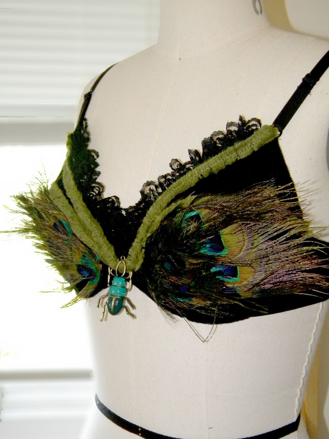 Peacock Feather and Scarab Black Velvet Costume Bra