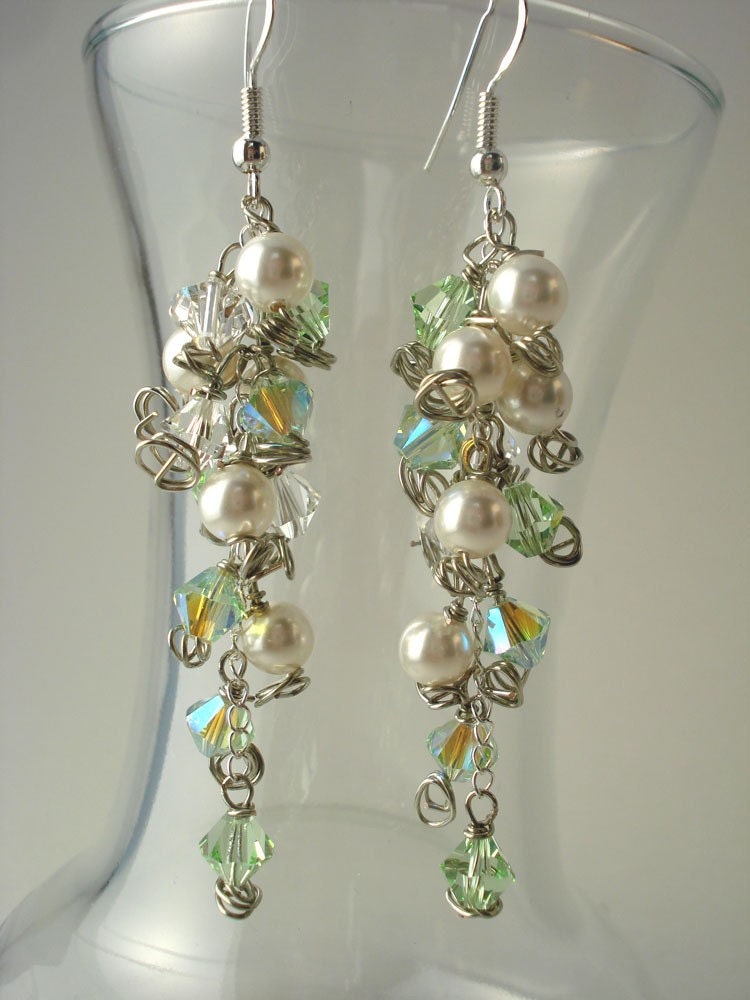Princess Green Crystal and White Pearl Cluster on Silver