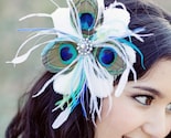 Peacock Feather Flower Fascinator White Rhinestone Wedding Bridal Vintage Turquoise Blue Green As Seen on Style Me Pretty