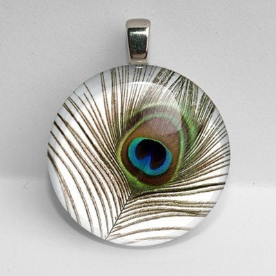 PEACOCK FEATHER (no2) - 1 inch Circle Glass Tile Art Pendant / BUY 2 GET 1 FREE