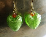 Vidrio Silver Foil Murano Style Glass Puffy Green Heart Earrings