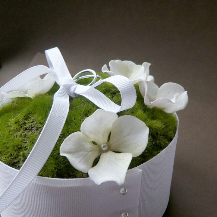 moss and blooming hydrangea ring bearer cushion