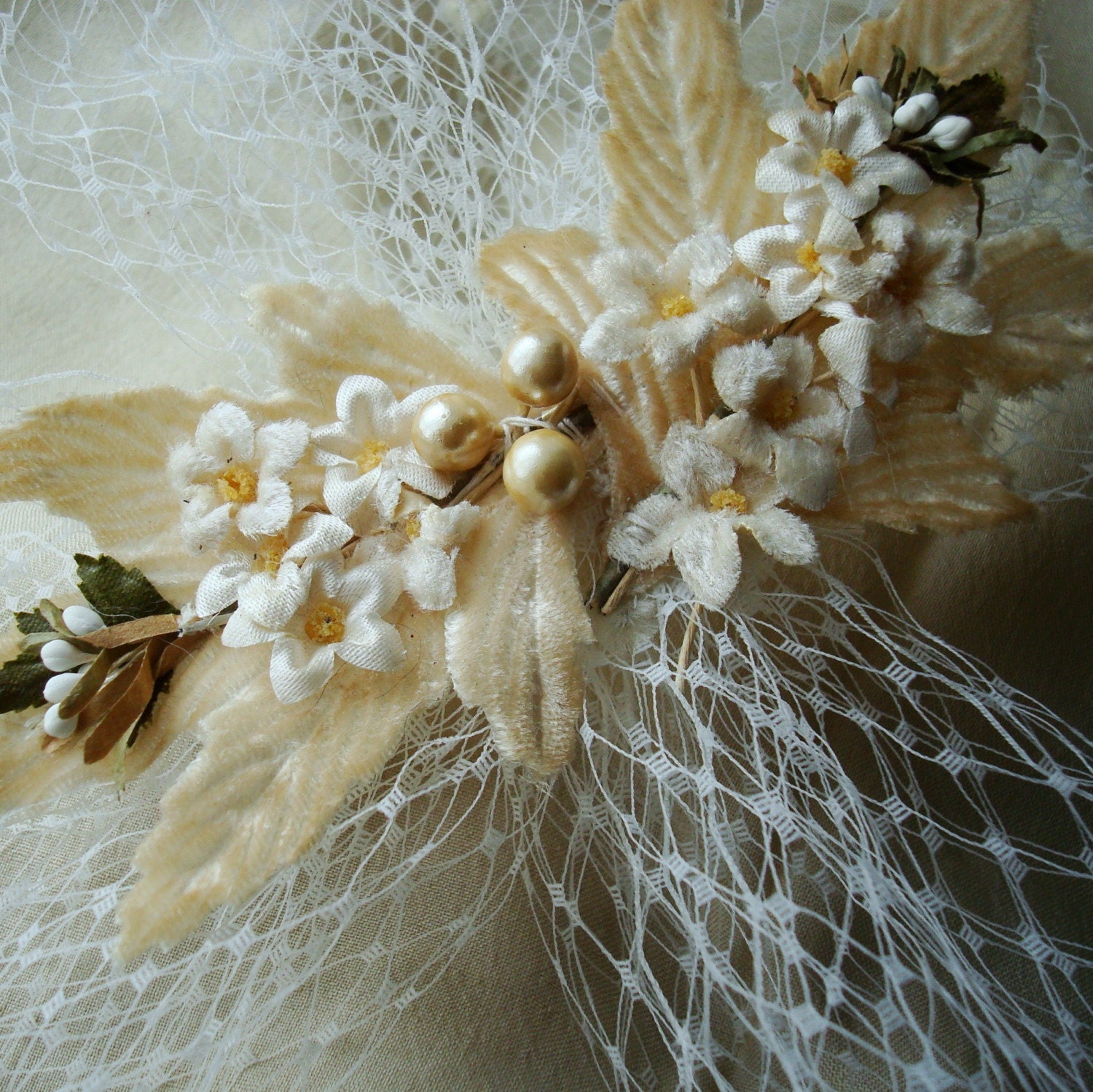 Bridal Hair Ornament with Vintage Millinery Leaves and French Netting